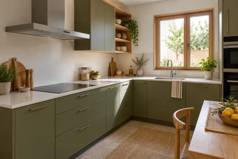 Visualización conceptual IA de cocina: Cocinas de Pablo Cordero. Vista del espacio y su mobiliario.