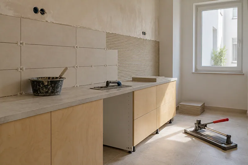 Visualización conceptual IA: Colocación de azulejos con separadores y adhesivo sobre una pared de cocina.