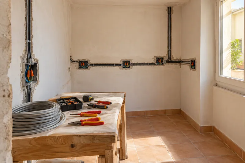 Visualización conceptual IA: Canalizaciones y cajas eléctricas durante la preparación de una cocina.