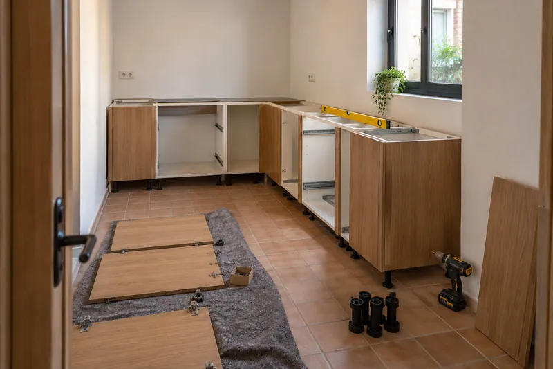 Visualización conceptual IA: Módulos de cocina en montaje con puertas pendientes de colocar.
