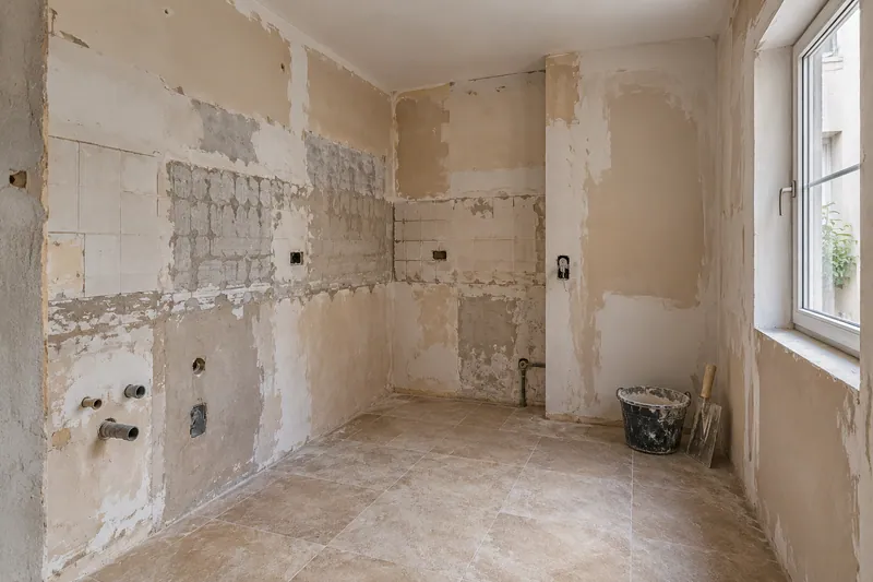 Visualización conceptual IA: Cocina sin muebles con paredes en preparación y zonas de enlucido.